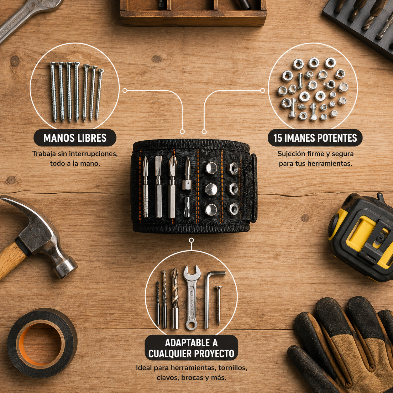 Muñequera Magnética 15 Herramientas: Olvídate de buscar tornillos en tus bolsillos.